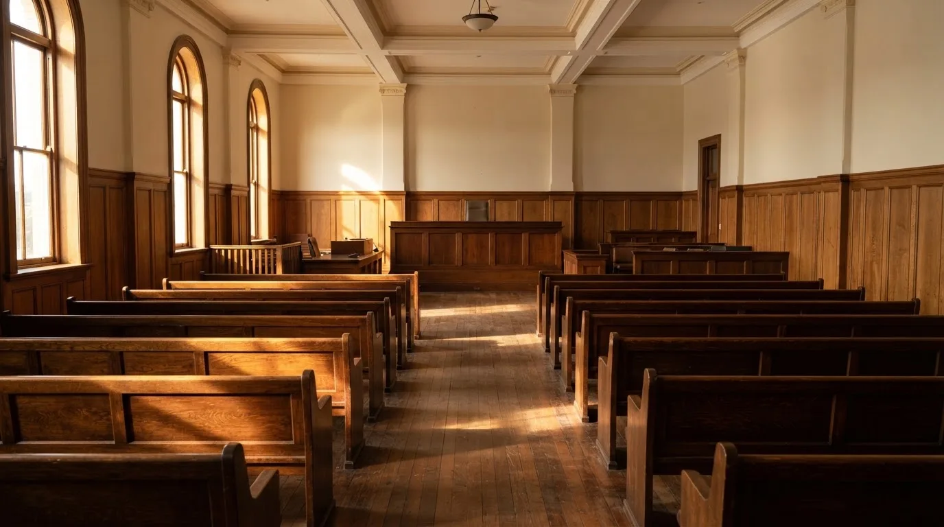 An empty courtroom with wooden benches in morning light