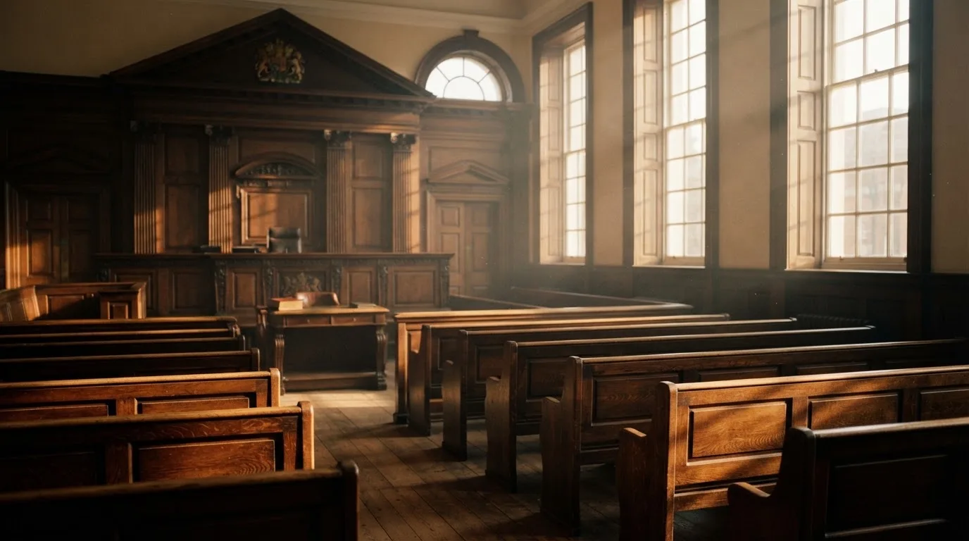 An empty courtroom with wooden benches in morning light