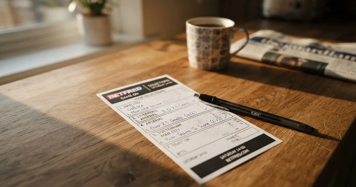 A blank paper betting slip beside a pen on a wooden counter