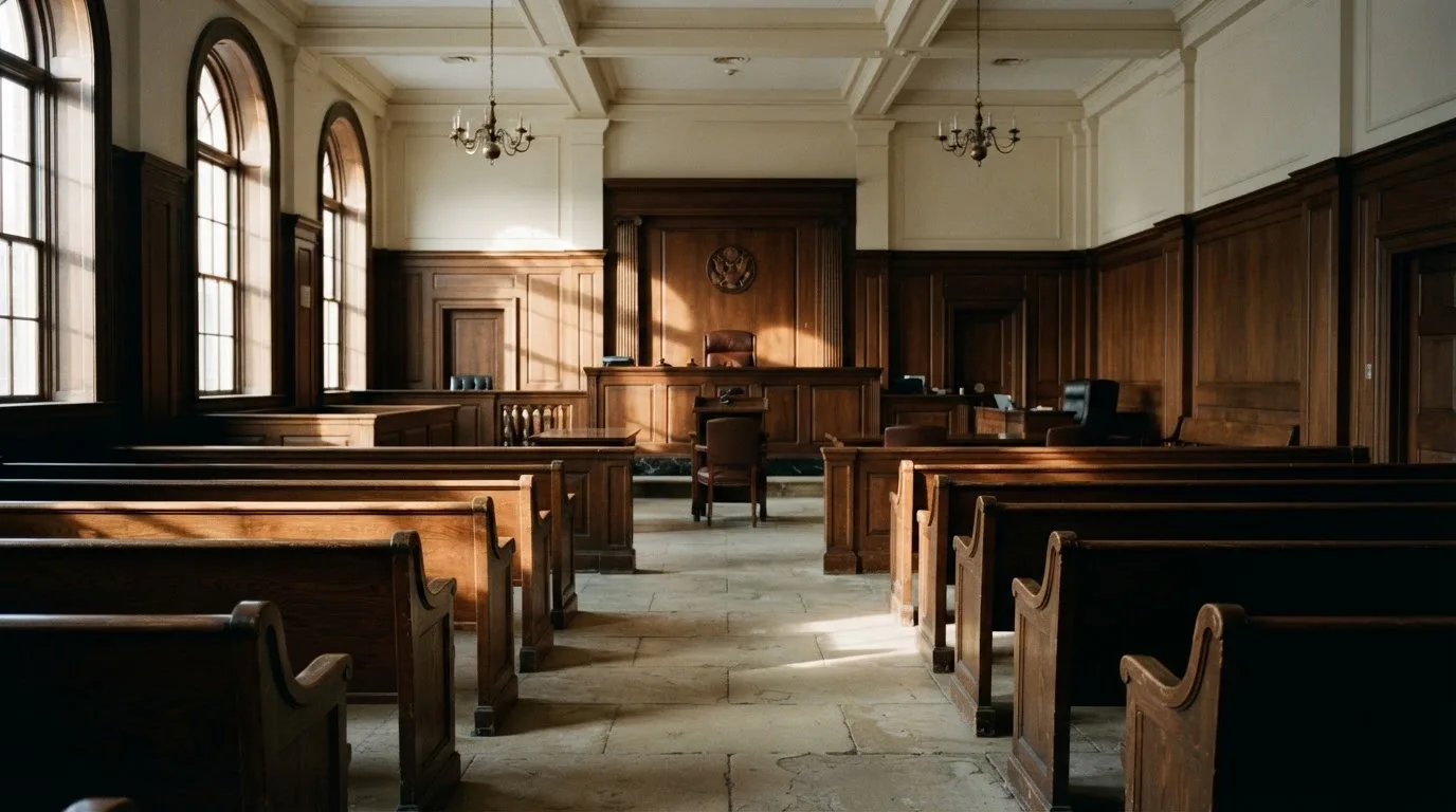 An empty courtroom with wooden benches in morning light