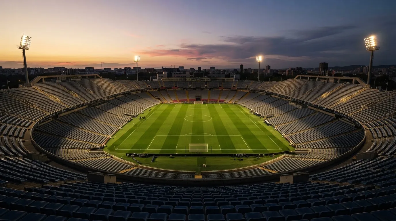 An empty football stadium with floodlight masts at dusk