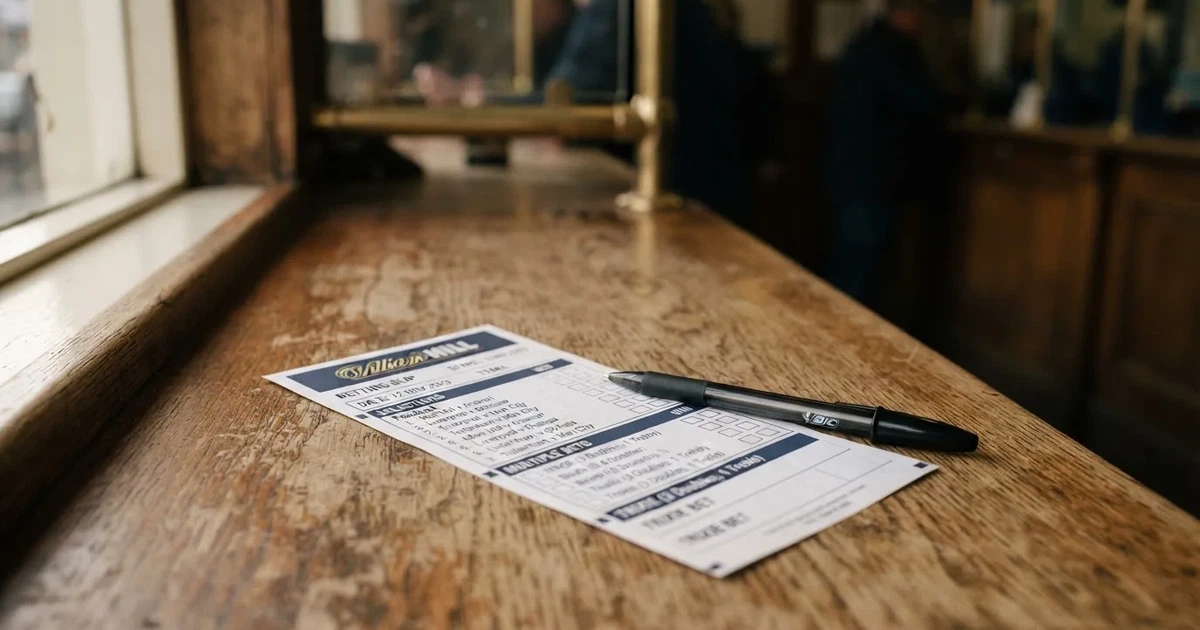 A blank paper betting slip beside a pen on a wooden counter