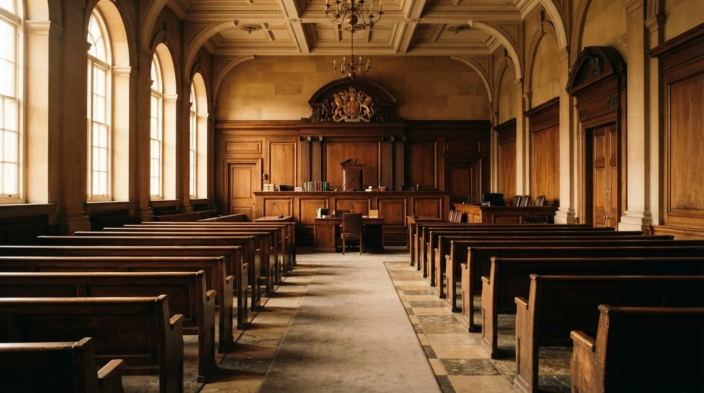An empty courtroom with wooden benches in morning light